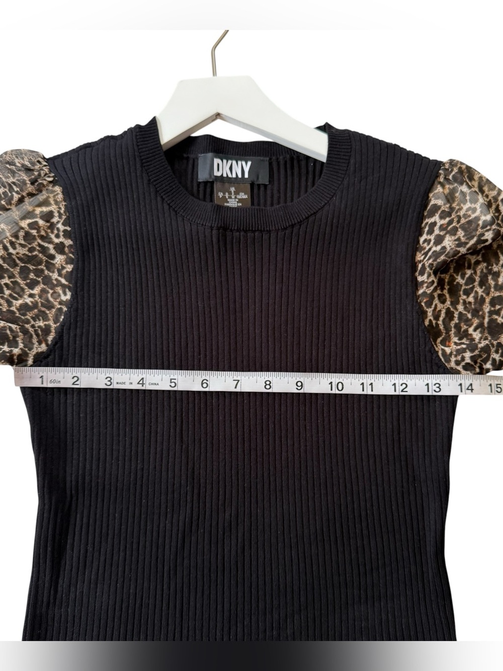 DKNY Women's Sweater Size Small Black Ribbed Sheer Leopard Long Sleeve Top - Picture 7 of 10